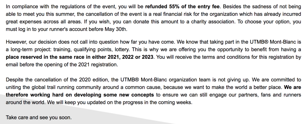 2020年UTMB 官方宣布取消